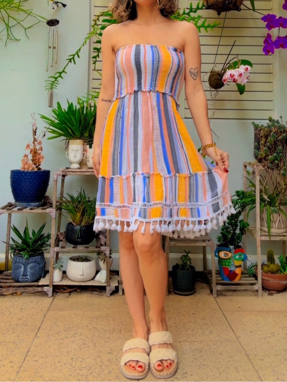 Blue Island Strapless Multicolor Striped Tiered Dress